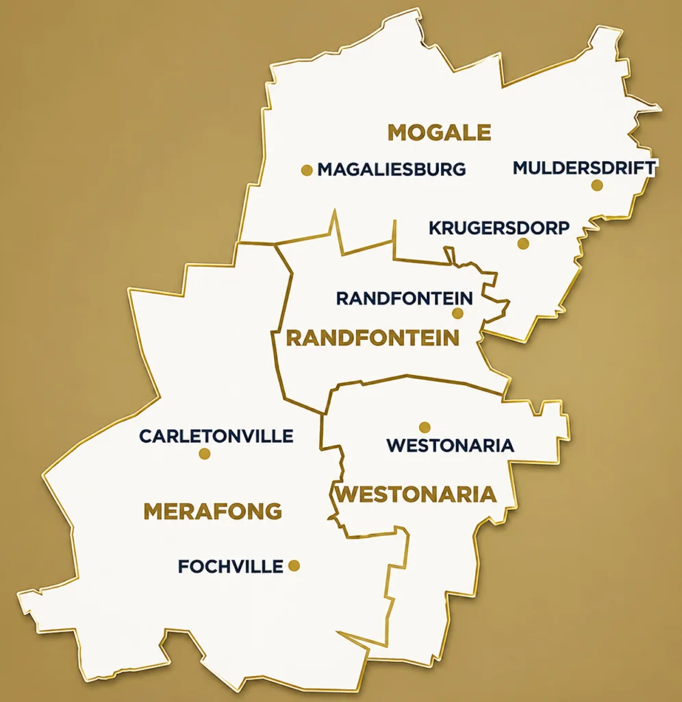 Map of the Far West Rand region showing Merafong, Randfontein, Westonaria and Mogale